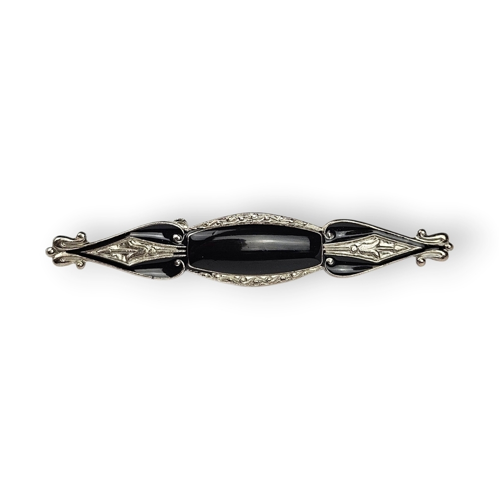 Vintage Ornate Bar Brooch Black Enamel Silver Tone Fleur-de-lis Art Deco 2" Long